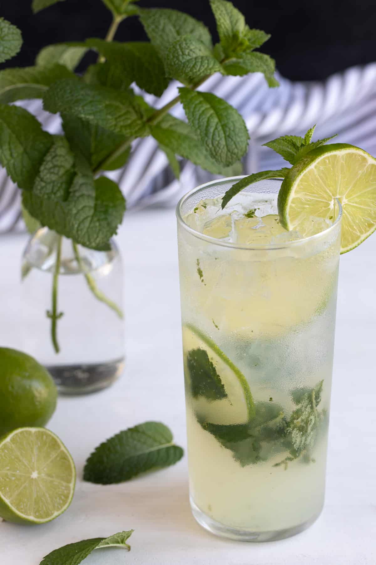 A garnished mojito in a glass.  Limes and a vase of mint are in the background.