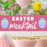 Two images of a pink mocktail with overlay text in the center of the images.